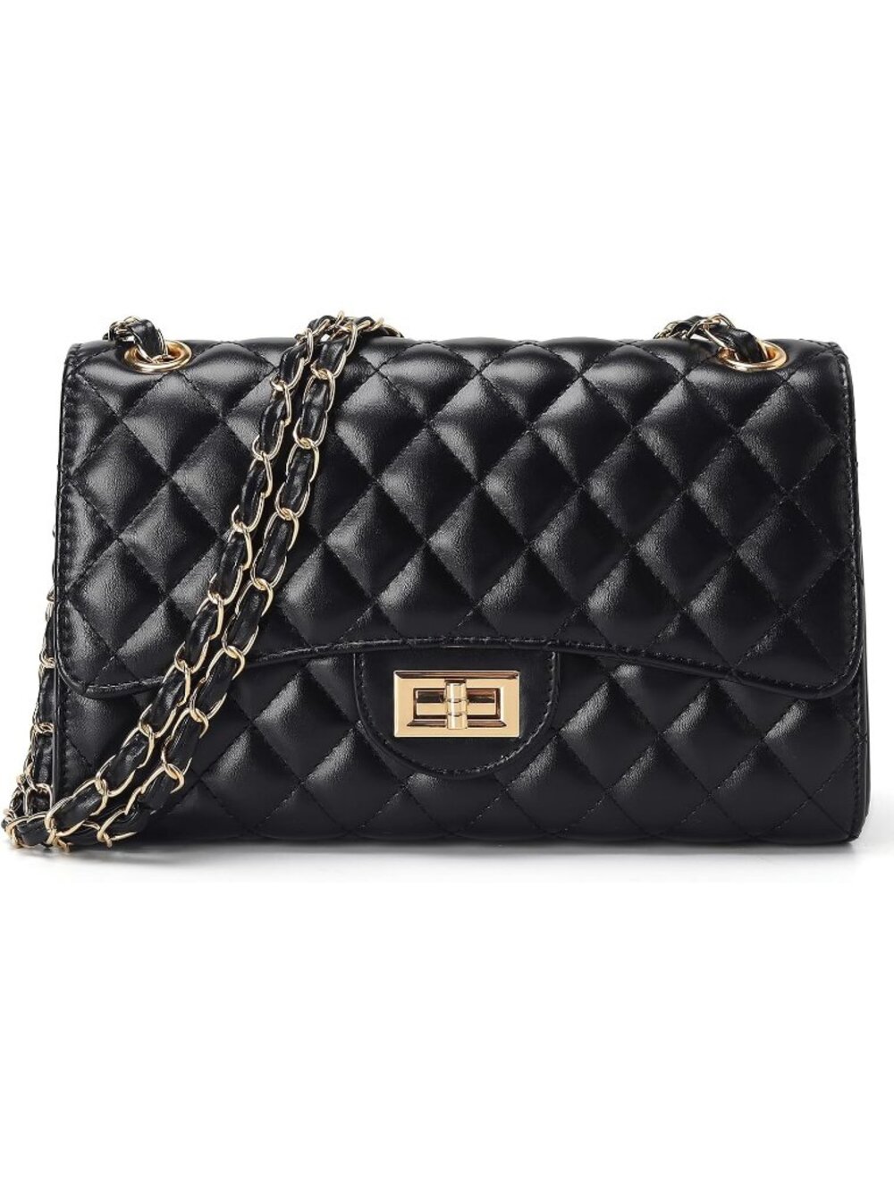 Women Black Quilted Leather Satchel Chain Strap Crossbody Shoulder Bag